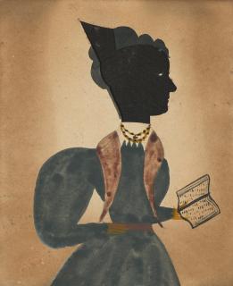 ezra wood silhouette portrait of a lady in blue reading a
